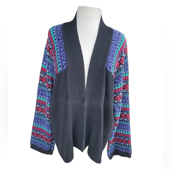 Norm Thompson Black Cardigan Open Front Fair Isle Sleeves Size XL - Picture 1 of 6